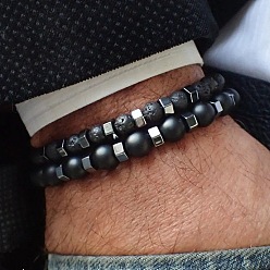 Black 2Pcs 2 Style 8mm Round Natural Lava Rock & Frosted Black Agate Stretch Bracelets Set, Stackable Bracelets for Men