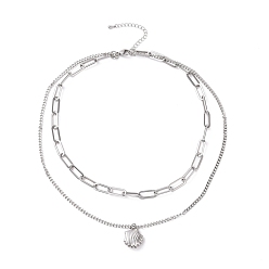 Stainless Steel Color 304 Stainless Steel Double Chains Multi Layered Necklace with Shell Shape Charm for Women, Stainless Steel Color, 16.34 inch(41.5cm)