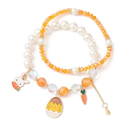 Orange 2Pcs 2 Style Easter Theme Glass & Shell Pearl Beaded Stretch Bracelets Set, Alloy Enamel Rabbit & Flower Stackable Bracelets, Orange, Inner Diameter: 2-1/8 inch(5.5cm), 1Pc/style