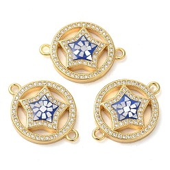 Royal Blue Rack Plating Brass Micro Pave Clear Cubic Zirconia Ring with Star Links Connector Charms, with Enamel & Shell, Real 18K Gold Plated, Long-Lasting Plated, Lead Free & Cadmium Free, Royal Blue, 18x24x4mm, Hole: 2mm