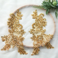 Gold 1 Pair 3D Flower Polyester Embroidery Sew on Appliques, with Plastic Beads & Paillette/Sequins, Sewing Craft Decoration for Wedding Dress, Cheongsam, Gold, 240x160mm