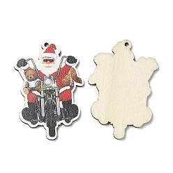 Red Single Face Christmas Printed Wood Big Pendants, Santa Claus Charms with Motorcycle, Red, 55x37.5x2.5mm, Hole: 2mm