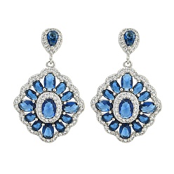 Темно-Синий Латунь микро проложить кубический цирконий болтаться серьги стержня, цветок, платина, темно-синий, 38.5x24.5 мм