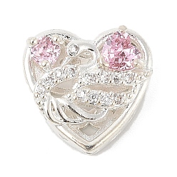 Бледно-Розовый Латунные микро проложить кубического циркония бусы, сердце с лебедем, без свинца и без кадмия, долговечный, розовый жемчуг, 13x13.5x6.5 мм, отверстие : 1.6 мм