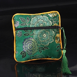 Sea Green Square Chinese Style Cloth Tassel Bags, with Zipper, for Bracelet, Necklace, Sea Green, 11.5x11.5cm
