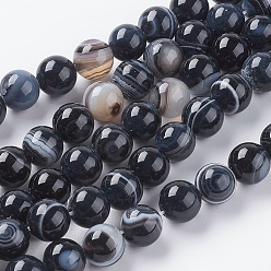 Black Round Dyed Natural Striped Agate/Banded Agate Beads Strands, Black, 8mm, Hole: 1mm, about 48pcs/strand, 15.2 inch