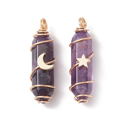 Amethyst Natural Amethyst Copper Wire Wrapped Pendants, Faceted Bullet Charms with Light Gold Tone Star & Moon Brass Beads, 36~37.5x10~10.5x11~12mm, Hole: 3.5~4mm, 2pcs/set