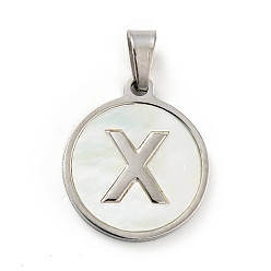 Letter X 304 Stainless Steel with White Shell Pendants, Stainless Steel Color, Flat Round with Letter Charm, Letter.X, 18x16x1.5mm, Hole: 3x6mm