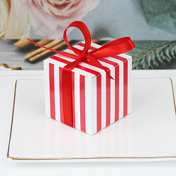 Red Square Paper Striped Candy Storage Box with Ribbon, Candy Gift Bags Christmas Party Wedding Favors Bags, Red, 5.5x5.5x5.5cm