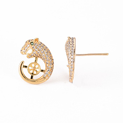 Real 18K Gold Plated Brass Micro Pave Clear Cubic Zirconia Stud Earrings Findings, for Half Drilled Bead, Nickel Free, Leopard Shape, Real 18K Gold Plated, 16.5x13.5mm, Pin: 0.8mm, Pin: 0.8mm(for Half Drilled Bead)