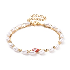 Красный Вакуумное покрытие pvd 304 многорядные браслеты из нержавеющей стали, с рисовыми пластиковыми бусинами и эмалевыми звеньями, рука хамсы / рука мириам со сглазом, золотые, красные, 6-3/8 дюйм (16.1 см)