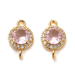 Pink Brass Pave Cubic Zirconia Connector Charms, Flat Round Links, Real 18K Gold Plated, Pink, 14.5x9x5mm, Hole: 1.5mm