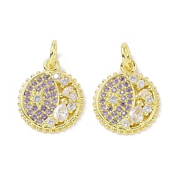Lilac Real 18K Gold Plated Brass Micro Pave Cubic Zirconia Pendants, with Jump Ring, Evil Eye Charms, Lilac, 16.5x14x3mm, Hole: 4mm