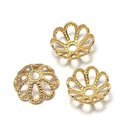 Real 18K Gold Plated Multi-Petal Flower Brass Fancy Bead Caps, Lead Free & Nickel Free & Cadmium Free, Real 18K Gold Plated, 8x3mm, Hole: 1.5mm
