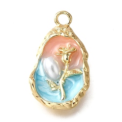 Аквамарин Подвески из эмали и сплава, с ABS имитации жемчуга, овальные с цветком, стойки покрытие, долговечный, без свинца, без кадмии и без никеля, золотые, аквамарин, 24.5x14x5 мм, отверстие : 2.1 мм