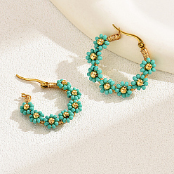 Dark Turquoise Flower Garland Braided Beaded Stainless Steel Hoop Earrings, Real 18K Gold Plated Jewelry for Women, Dark Turquoise, 30x30mm