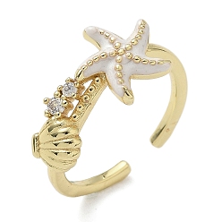 Белый Латунные микро проложить манжеты кольца кубического циркония, морская звезда и форма раковины, с эмалью, долговечный, стойки покрытие, без свинца и без кадмия, реальный 18 k позолоченный, белые, 10.5 мм