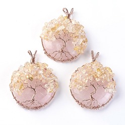 Rose Quartz Natural Citrine & Rose Quartz Big Pendants, with Rose Gold Tone Brass Findings, Flat Round with Tree of Life, 58~61.5x44~48x14~16.5mm, Hole: 4~5x3.5~6mm