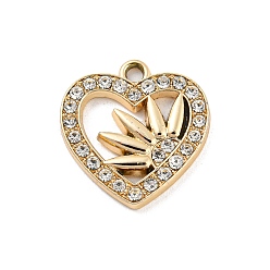 Golden UV Plating Alloy Rhinestone Pendants, Heart with Leaf Charms, Golden, 19x18x2.5mm, Hole: 1.8mm