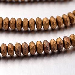 Golden Plated Electroplate Non-magnetic Synthetic Hematite Bead Strands, Frosted, Rondelle, Golden Plated, 4x2mm, Hole: 1mm, about 177pcs/strand, 15.7 inch