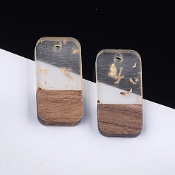 Gold Resin & Walnut Wood Pendants, with Gold Foil, Rectangle, Clear, 26.5x13x3~4mm, Hole: 1.8mm