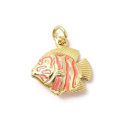 Pink Латунь эмаль подвески, рыбы прелести, без свинца и без кадмия, долговечный, стойки покрытие, реальный 18 k позолоченный, розовые, 18x17.5x5.5 мм, отверстие : 3.5 мм