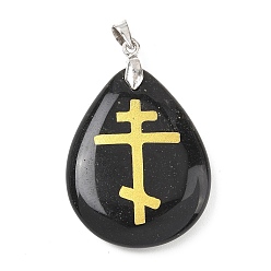 Обсидиан Природные подвески обсидиана, с реечной обшивкой латунными выводами, без кадмия и без свинца, подвеска в виде капли и креста, 31x25x5~7 мм, отверстие : 4.5x4 мм