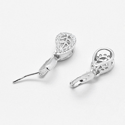 Silver 925 Sterling Silver Pendant Bails, Ice Pick & Pinch Bails, with Cubic Zirconia, teardrop, Silver, 8x5.5x4mm, Hole: 2x4mm and 1mm, Pin: 0.5mm