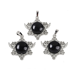 Обсидиан Природные подвески обсидиана, с реечной обшивкой латунными выводами, платина, без кадмия и без свинца, звезда, 35x34x7.5~8 мм, отверстие : 5x8 мм