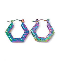 Rainbow Color 304 Серьги-кольца из нержавеющей стали шестиугольной формы для женщин с ионным покрытием (IP), Радуга цветов, 23x22.5x3.5 мм, штифты : 0.7 мм