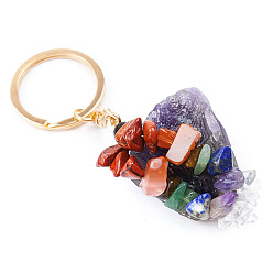 Amethyst Natural Raw Amethyst Keychain, Mixed Stone Chip Beaded Charm Keychain, with Iron Keyring, 60~7cm