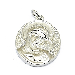 Platinum Brass Pendants, Long-Lasting Plated, with Jump Rings, Flat Round with Virgin Mary, Platinum, 20.5x16x3mm, Hole: 3mm