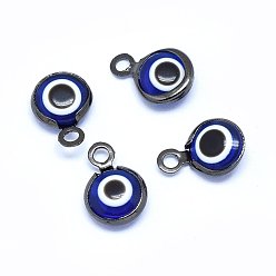 Gunmetal Handmade Evil Eye Lampwork Charms, with Brass Findings, Flat Round, Blue, Gunmetal, 10x6.5x3mm, Hole: 1.5mm