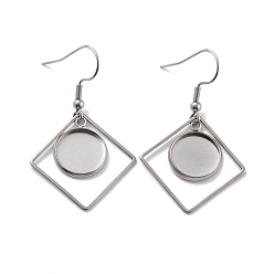 Stainless Steel Color 201 Stainless Steel Earring Hooks, with Rhombus Blank Pendant Trays, Flat Round Setting for Cabochon, Stainless Steel Color, 45mm, 22 Gauge, Pin: 0.6mm