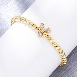 Letter Y Латунные круглые бусины эластичные браслеты, Подвеска в виде буквы из латуни с микропаве из прозрачного кубического циркония для женщин, без свинца и без кадмия, стойки покрытие, реальный 18 k позолоченный, Письмо Y, внутренний диаметр: 2~2-1/8 дюйм (5~5.5 см)