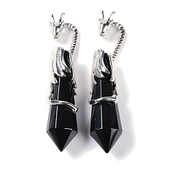 Обсидиан Большие подвески из натурального обсидиана с ограненными заостренными пулями, стойка с латунными подвесками в виде дракона, без свинца и без кадмия, платина, 73.5~78.5x15.5~16.5x15.5~16.5 мм, отверстие : 4x2.5 мм