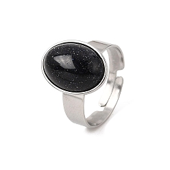 Blue Goldstone Adjustable 304 Stainless Steel Finger Rings for Women, with Synthetic Blue Goldstone, Oval, Stainless Steel Color, 17mm