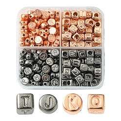 Gunmetal & Rose Gold CCB Plastic Beads, Horizontal Hole, Flat Round/Cube with Letter, Gunmetal & Rose Gold, 6~7x6~7x4~6mm, Hole: 1.4~3mm, 267pcs/box