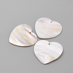 Seashell Color Freshwater Shell Pendants, Heart, Seashell Color, 37x39.5x2mm, Hole: 1.5mm