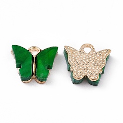 Green Acrylic Charms, with Light Gold Tone Alloy Finding, Butterfly Charm, Green, 13x14x3mm, Hole: 2mm