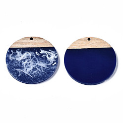 Blue Opaque Resin & Walnut Wood Pendants, Two Tone, Flat Round, Blue, 38.5x3.5mm, Hole: 2mm