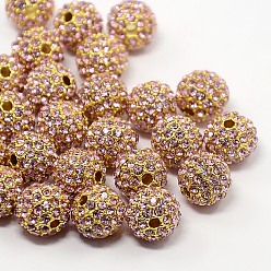 Light Rose Alloy Rhinestone Beads, Grade A, Round, Golden Metal Color, Light Rose, 10mm