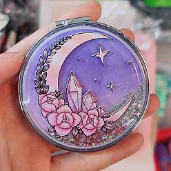 Moon Sequin Quicksand Plastic Foldable Mirrors, with Glass Mirror Surface, Round Compact Pocket Mirror for Wiccan, Moon, 7cm