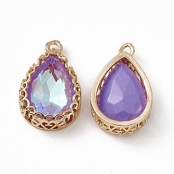 Amethyst K9 Glass Pendants, Teardrop Charms, Faceted, with Light Gold Tone Brass Edge, Amethyst, 19.5x12.5x5.5mm, Hole: 1.8mm