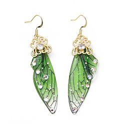Lawn Green Resin Butterfly Wing Dangle Earrings with Clear Cubic Zirconia, Real 18K Gold Plated Brass Jewelry for Women, Cadmium Free & Lead Free, Lawn Green, 70mm, Pin: 0.7mm