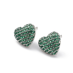 Green Heart Brass Cubic Zirconia Ear Studs for Women Men, Lead Free & Cadmium Free, Platinum, Long-Lasting Plated, Green, 11x12x4mm, Pin: 0.8mm