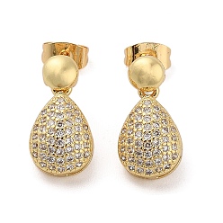 Real 18K Gold Plated Brass Micro Pave Cubic Zirconia Dangle Stud Earrings, Teardrop, Real 18K Gold Plated, 16.5x9mm