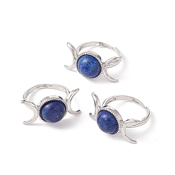 Lapis Lazuli Natural Lapis Lazuli Moon Adjustable Ring, Brass Jewelry for Women, Platinum, Cadmium Free & Lead Free, Inner Diameter: 17.1~20mm