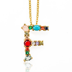 Letter F Golden Brass Micro Pave Cubic Zirconia Initial Pendants Necklaces, with Cable Chains, Colorful, Letter, Letter.F, 17.9~18.1 inch(45.5~46cm)x1.5mm, LetterF: 20.5x15x6mm