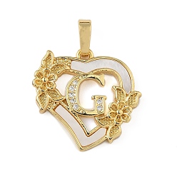 Letter G Латунь микропаве фианиты с подвесками-ракушками, Сердце и письмо, долговечный, без свинца и без кадмия, стойки покрытие, Буква G, 20x20.5x3 мм, отверстие : 3.5x5 мм